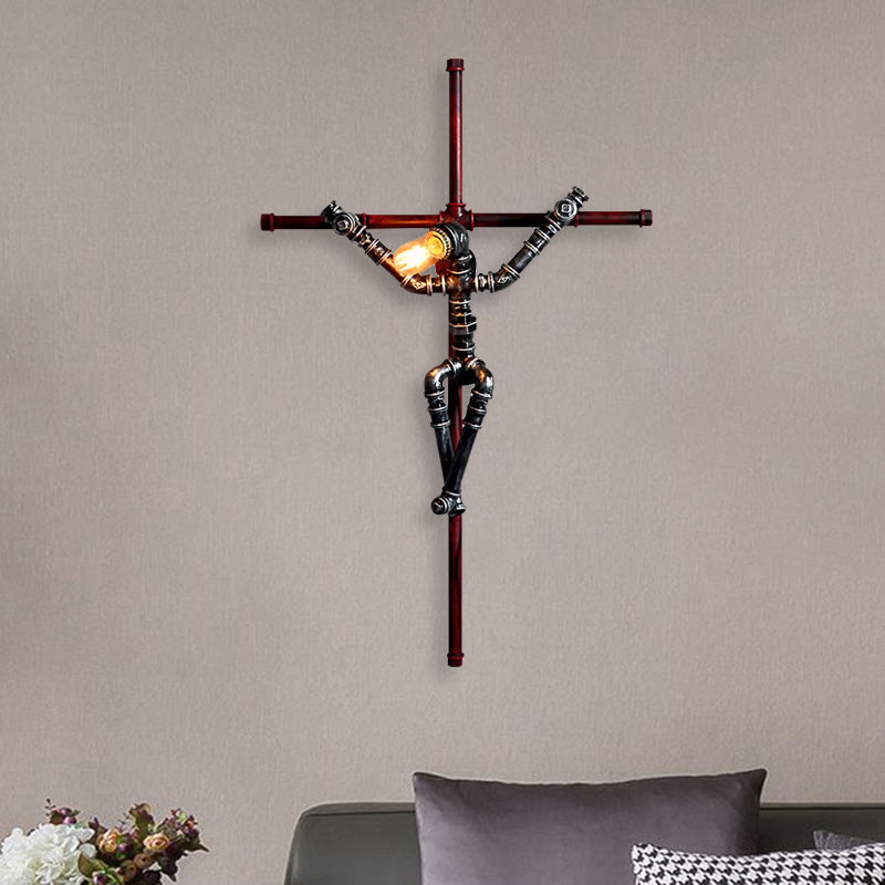 Steampunk Cross Shaped Wall Sconce with Robot Design 1 Light Metallic Wall Lamp in Aged Silver for Indoor Clearhalo 'Art deco wall lights' 'Cast Iron' 'Glass' 'Industrial wall lights' 'Industrial' 'Middle century wall lights' 'Modern' 'Rustic wall lights' 'Tiffany' 'Traditional wall lights' 'Wall Lamps & Sconces' 'Wall Lights' Lighting' 1416693