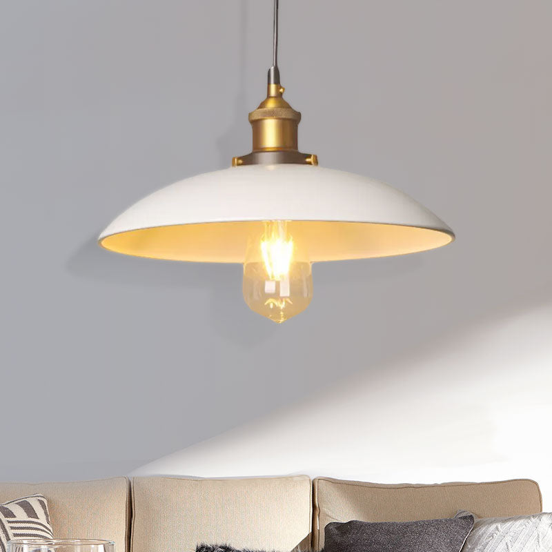 12"/16" Dia Saucer Dining Room Suspension Light Retro Style Metal 1 Light White Ceiling Fixture Clearhalo 'Art Deco Pendants' 'Cast Iron' 'Ceiling Lights' 'Ceramic' 'Crystal' 'Industrial Pendants' 'Industrial' 'Metal' 'Middle Century Pendants' 'Pendant Lights' 'Pendants' 'Tiffany' Lighting' 1416718