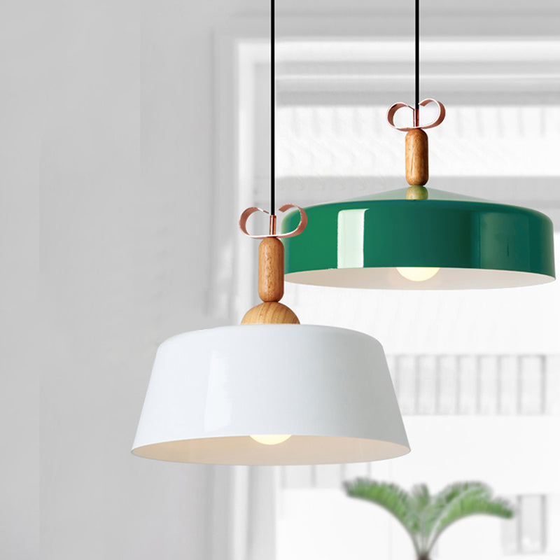 Modernism Style Barn/Cone Shade Suspended Light 1 Light Metal and Wood Pendant Lamp in White/Green for Kitchen Green Clearhalo 'Ceiling Lights' 'Modern Pendants' 'Modern' 'Pendant Lights' 'Pendants' Lighting' 1416890