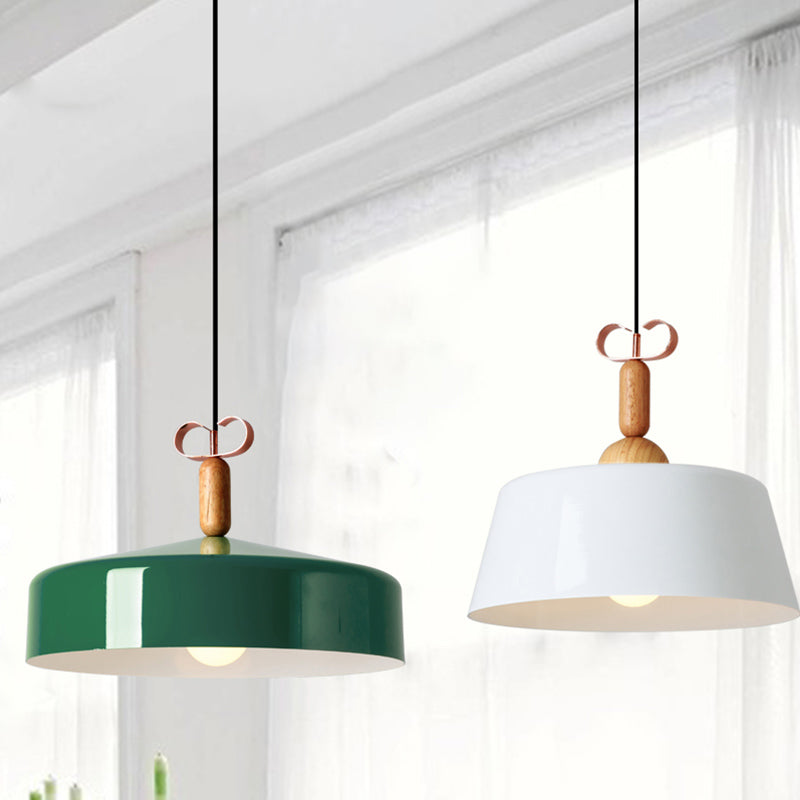 Modernism Style Barn/Cone Shade Suspended Light 1 Light Metal and Wood Pendant Lamp in White/Green for Kitchen Clearhalo 'Ceiling Lights' 'Modern Pendants' 'Modern' 'Pendant Lights' 'Pendants' Lighting' 1416891