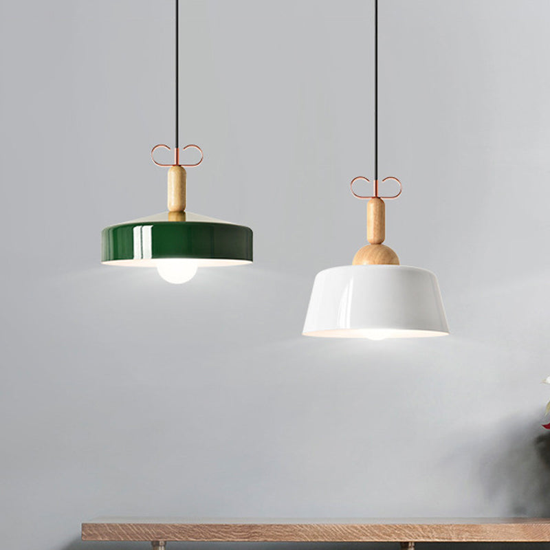 Modernism Style Barn/Cone Shade Suspended Light 1 Light Metal and Wood Pendant Lamp in White/Green for Kitchen Clearhalo 'Ceiling Lights' 'Modern Pendants' 'Modern' 'Pendant Lights' 'Pendants' Lighting' 1416895