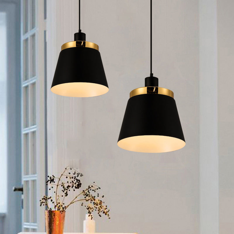 Black Finish Barrel Shade Pendant Lamp Modern Style Metallic 1 Light Bedroom Hanging Ceiling Light Black Clearhalo 'Ceiling Lights' 'Modern Pendants' 'Modern' 'Pendant Lights' 'Pendants' Lighting' 1417042