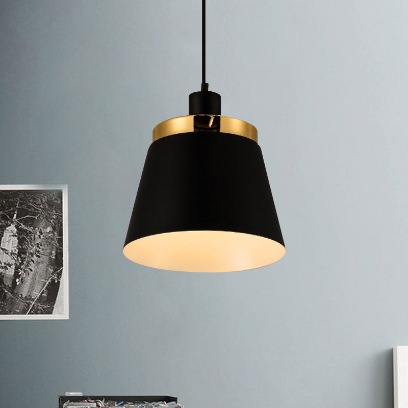 Black Finish Barrel Shade Pendant Lamp Modern Style Metallic 1 Light Bedroom Hanging Ceiling Light Clearhalo 'Ceiling Lights' 'Modern Pendants' 'Modern' 'Pendant Lights' 'Pendants' Lighting' 1417043