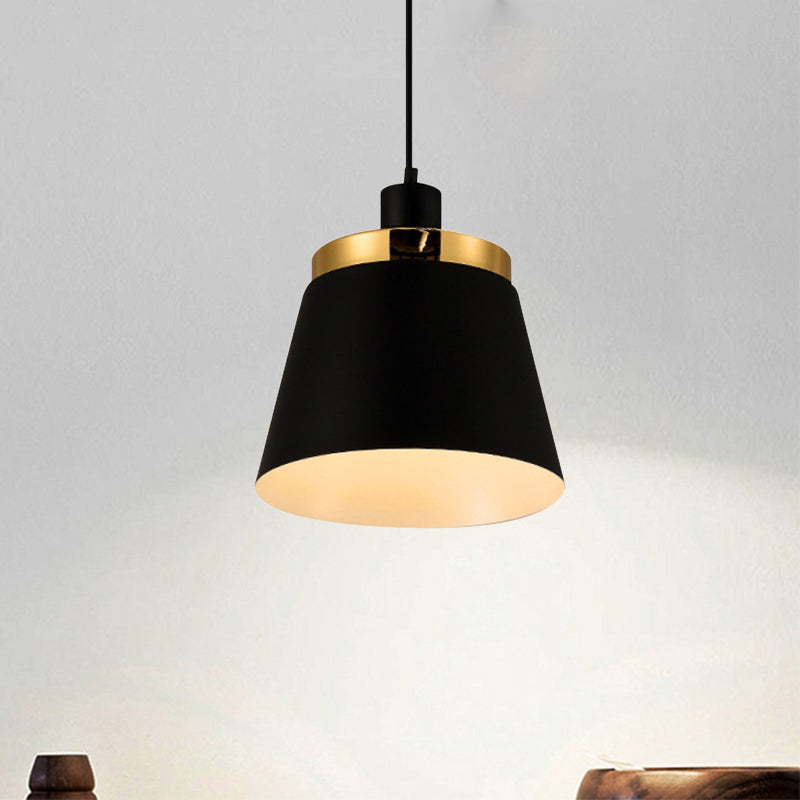 Black Finish Barrel Shade Pendant Lamp Modern Style Metallic 1 Light Bedroom Hanging Ceiling Light Clearhalo 'Ceiling Lights' 'Modern Pendants' 'Modern' 'Pendant Lights' 'Pendants' Lighting' 1417044