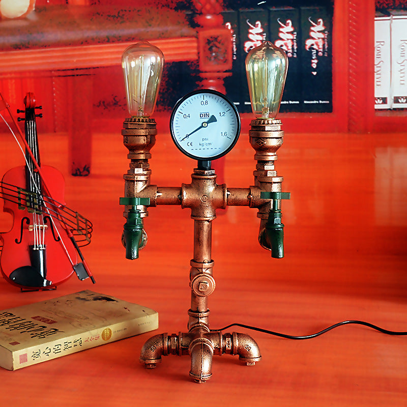 2 Lights Piped Table Lamp with Gauge and Faucet Decoration Industrial Rust Wrought Iron Standing Light Clearhalo 'Lamps' 'Table Lamps' Lighting' 1417065