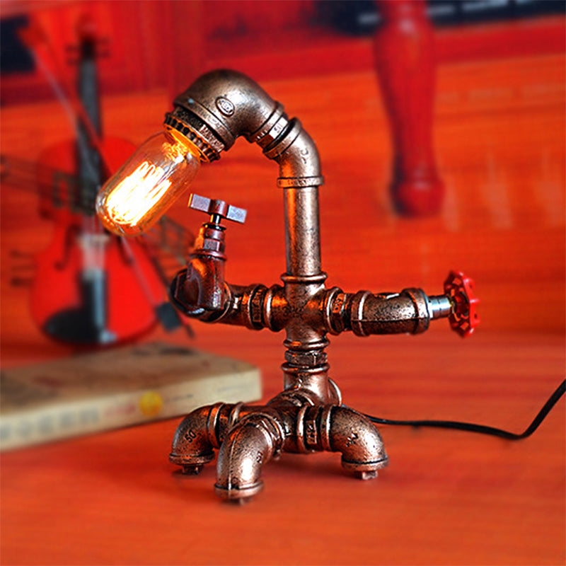 Dark Rust Pipe Man Table Lighting with Open Bulb Farmhouse Wrought Iron 1 Light Bedroom Table Lamp Clearhalo 'Lamps' 'Table Lamps' Lighting' 1417071