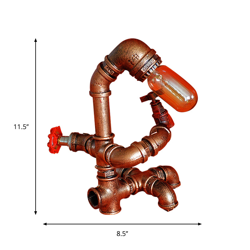 Dark Rust Pipe Man Table Lighting with Open Bulb Farmhouse Wrought Iron 1 Light Bedroom Table Lamp Clearhalo 'Lamps' 'Table Lamps' Lighting' 1417073