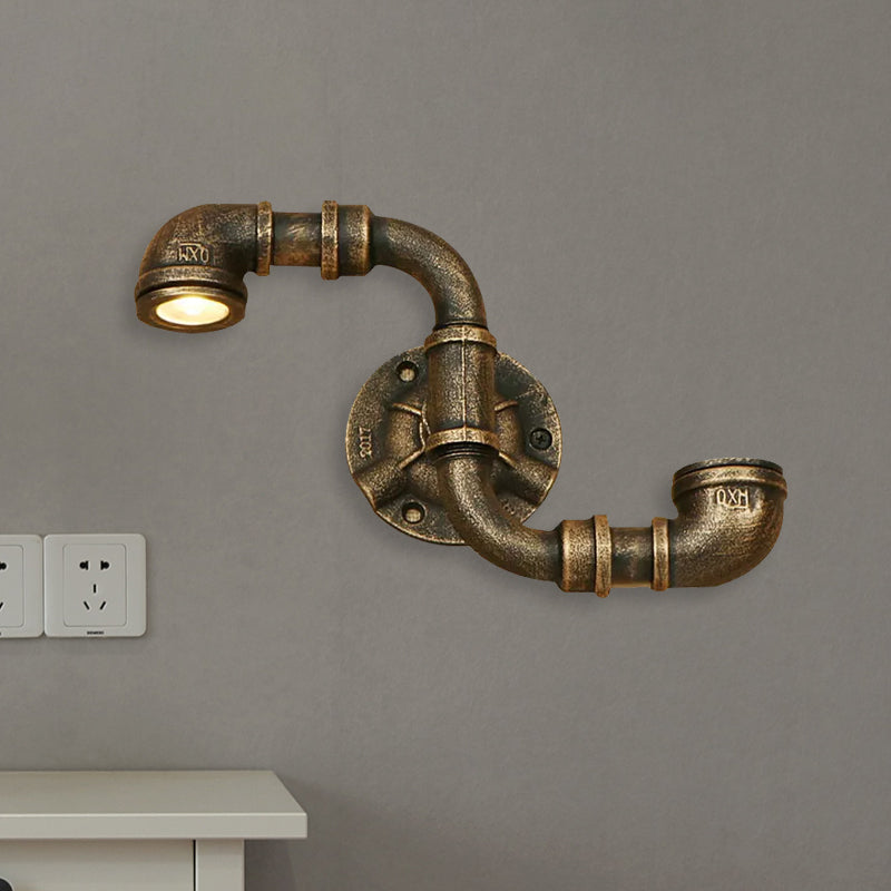 Antique Bronze S Pipe Wall Mount Light Rustic Industrial Metallic 2 Light Stairway Wall Lighting Clearhalo 'Art deco wall lights' 'Cast Iron' 'Glass' 'Industrial wall lights' 'Industrial' 'Middle century wall lights' 'Modern' 'Rustic wall lights' 'Tiffany' 'Traditional wall lights' 'Wall Lamps & Sconces' 'Wall Lights' Lighting' 1417144