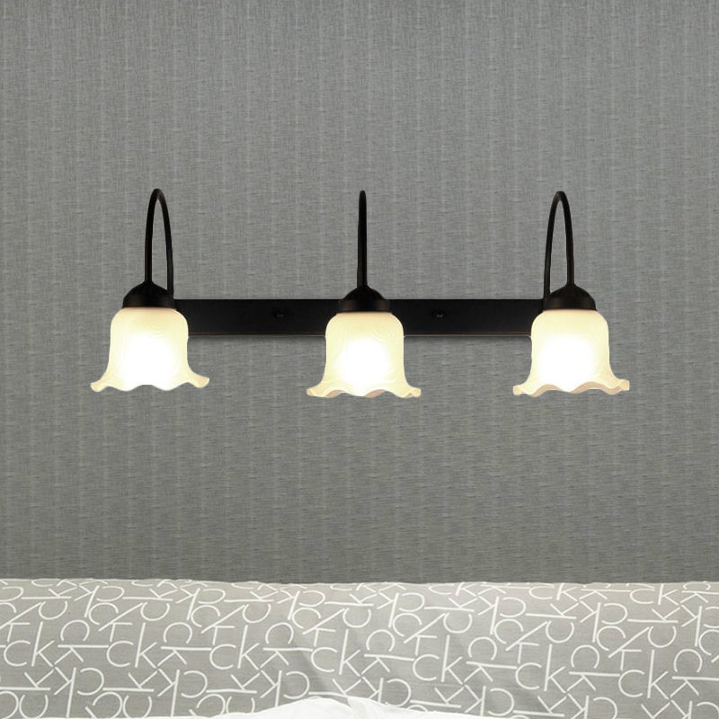 3-Bulb Wall Light with Flared Shade Opal Glass Industrial Living Room Sconce Lighting Fixture in Black Clearhalo 'Cast Iron' 'Glass' 'Industrial' 'Modern wall lights' 'Modern' 'Tiffany' 'Traditional wall lights' 'Wall Lamps & Sconces' 'Wall Lights' Lighting' 1417149
