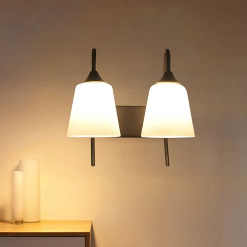 2-Bulb Frosted Glass Sconce Light Fixture Industrial Black Tapered Bedroom Wall Lamp Clearhalo 'Cast Iron' 'Glass' 'Industrial' 'Modern wall lights' 'Modern' 'Tiffany' 'Traditional wall lights' 'Wall Lamps & Sconces' 'Wall Lights' Lighting' 1417154
