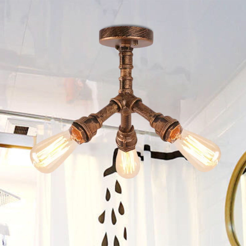 3-Light Ceiling Light with Pipe Metallic Shade Steampunk Living Room Semi Flush Light in Aged Bronze Clearhalo 'Ceiling Lights' 'Close To Ceiling Lights' 'Close to ceiling' 'Semi-flushmount' Lighting' 1417155