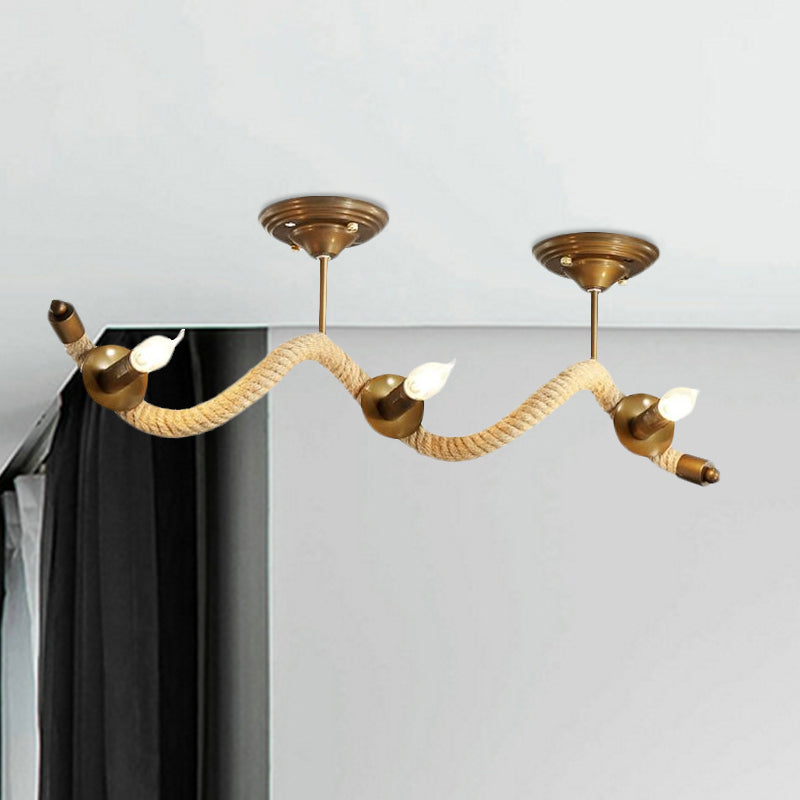 3 Heads Wavy Rope Semi Mount Lighting Vintage Brass Finish Metallic Ceiling Light Fixture with Bare Bulb Clearhalo 'Ceiling Lights' 'Close To Ceiling Lights' 'Close to ceiling' 'Semi-flushmount' Lighting' 1417156