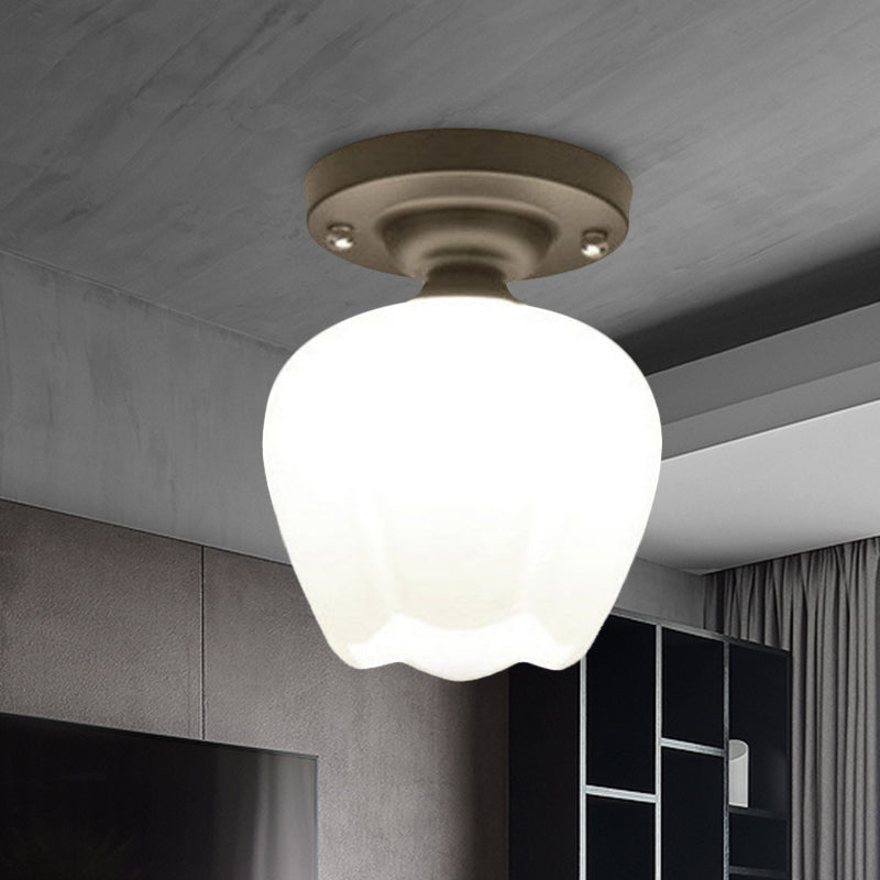 One Bulb Bowl Semi Flush Light Industrial Black Opal Glass Lighting Fixture for Corridor Clearhalo 'Ceiling Lights' 'Close To Ceiling Lights' 'Close to ceiling' 'Glass shade' 'Glass' 'Island Lights' 'Semi-flushmount' Lighting' 1417163