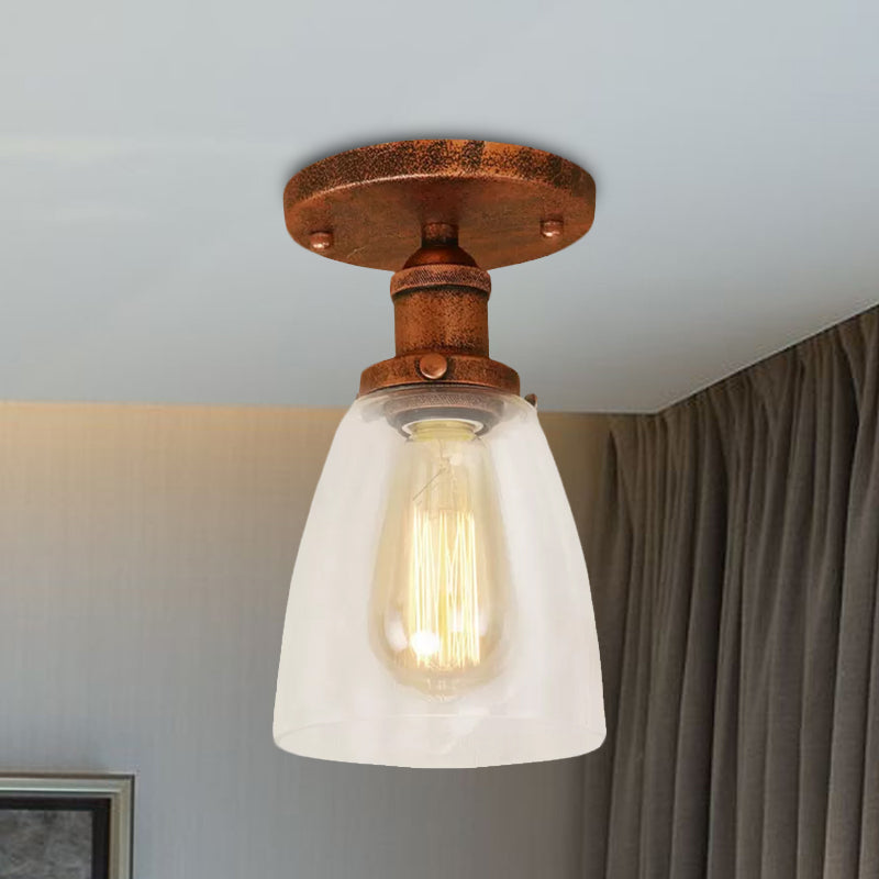 Brass/Copper/Rust One Light Ceiling Mount Industrial Clear Glass Conical Semi Flush Light for Foyer Clearhalo 'Ceiling Lights' 'Close To Ceiling Lights' 'Close to ceiling' 'Glass shade' 'Glass' 'Semi-flushmount' Lighting' 1417164