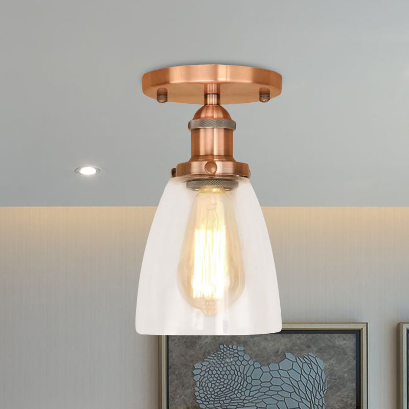 Brass/Copper/Rust One Light Ceiling Mount Industrial Clear Glass Conical Semi Flush Light for Foyer Clearhalo 'Ceiling Lights' 'Close To Ceiling Lights' 'Close to ceiling' 'Glass shade' 'Glass' 'Semi-flushmount' Lighting' 1417165