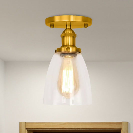 Brass/Copper/Rust One Light Ceiling Mount Industrial Clear Glass Conical Semi Flush Light for Foyer Clearhalo 'Ceiling Lights' 'Close To Ceiling Lights' 'Close to ceiling' 'Glass shade' 'Glass' 'Semi-flushmount' Lighting' 1417166
