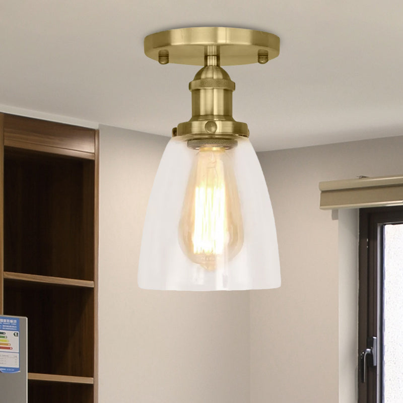 Brass/Copper/Rust One Light Ceiling Mount Industrial Clear Glass Conical Semi Flush Light for Foyer Clearhalo 'Ceiling Lights' 'Close To Ceiling Lights' 'Close to ceiling' 'Glass shade' 'Glass' 'Semi-flushmount' Lighting' 1417167