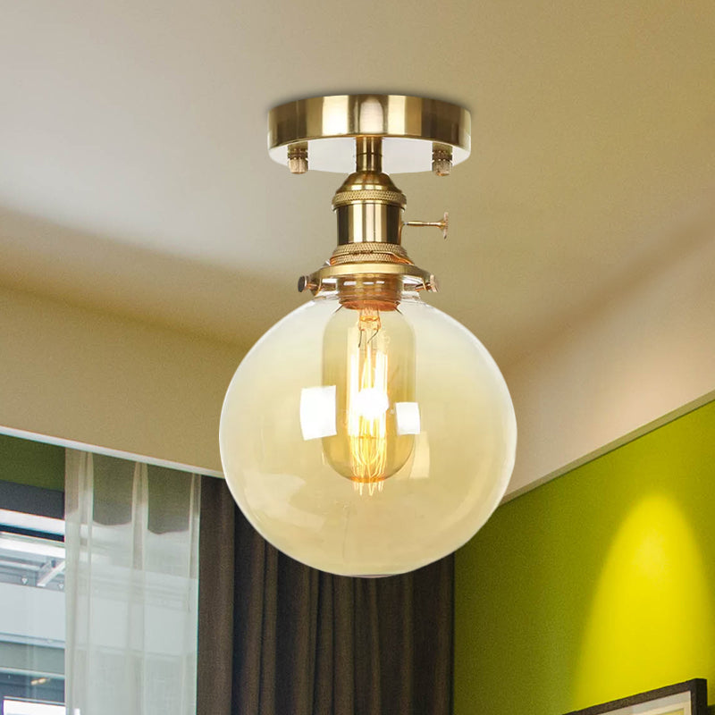 Brass One Bulb Ceiling Lighting Farmhouse Clear/Amber Glass Globe Semi Flush Light for Dining Room Clearhalo 'Ceiling Lights' 'Close To Ceiling Lights' 'Close to ceiling' 'Glass shade' 'Glass' 'Pendant Lights' 'Semi-flushmount' Lighting' 1417210