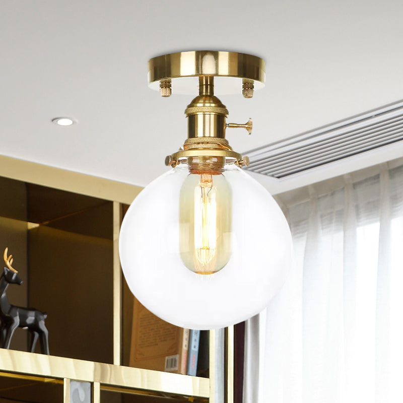 Brass One Bulb Ceiling Lighting Farmhouse Clear/Amber Glass Globe Semi Flush Light for Dining Room Clearhalo 'Ceiling Lights' 'Close To Ceiling Lights' 'Close to ceiling' 'Glass shade' 'Glass' 'Pendant Lights' 'Semi-flushmount' Lighting' 1417211