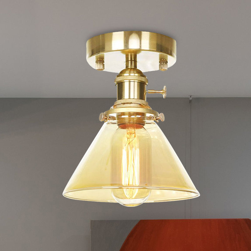 One Light Cone Semi Flush Light Industrial Brass Clear/Amber Glass Lighting Fixture for Living Room Clearhalo 'Ceiling Lights' 'Close To Ceiling Lights' 'Close to ceiling' 'Glass shade' 'Glass' 'Semi-flushmount' Lighting' 1417214