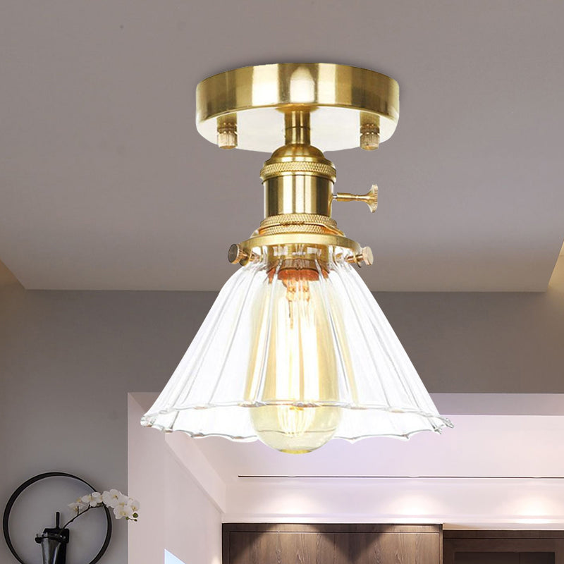 Cone Ruffle Glass Semi Flush Vintage Retro 1 Bulb Living Room Light Fixture in Clear/Amber Clearhalo 'Ceiling Lights' 'Close To Ceiling Lights' 'Close to ceiling' 'Glass shade' 'Glass' 'Semi-flushmount' Lighting' 1417217