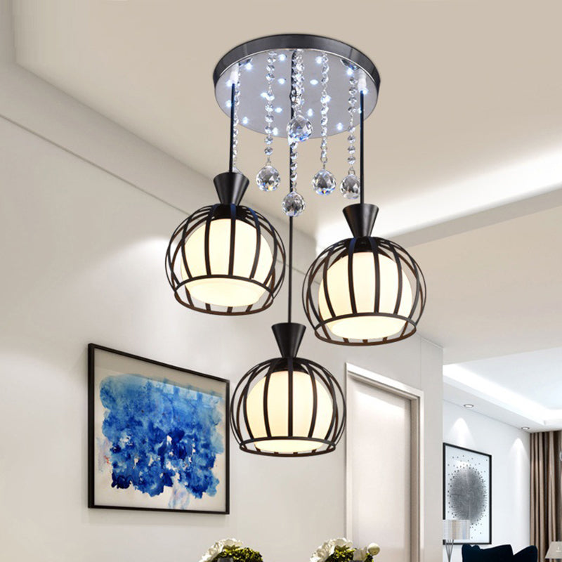 Retro Stylish Domed Cage Hanging Lamp 3 Lights Metal Pendant Lighting with Clear Crystal Ball Deco in Black/White Finish Black Clearhalo 'Ceiling Lights' 'Modern Pendants' 'Modern' 'Pendant Lights' 'Pendants' Lighting' 1417224