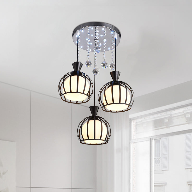 Retro Stylish Domed Cage Hanging Lamp 3 Lights Metal Pendant Lighting with Clear Crystal Ball Deco in Black/White Finish Clearhalo 'Ceiling Lights' 'Modern Pendants' 'Modern' 'Pendant Lights' 'Pendants' Lighting' 1417225