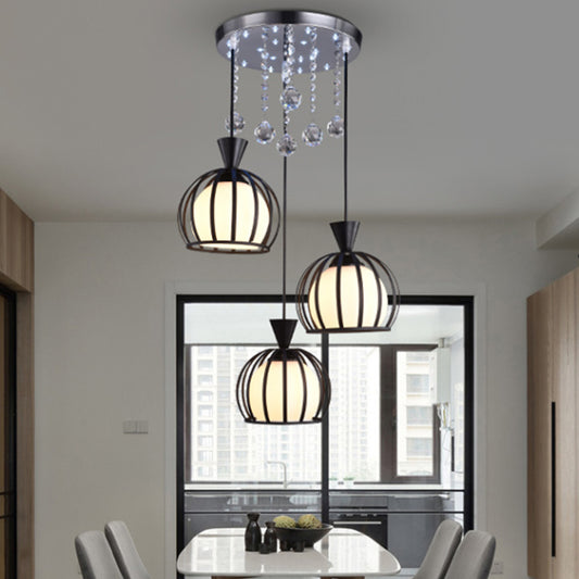 Retro Stylish Domed Cage Hanging Lamp 3 Lights Metal Pendant Lighting with Clear Crystal Ball Deco in Black/White Finish Clearhalo 'Ceiling Lights' 'Modern Pendants' 'Modern' 'Pendant Lights' 'Pendants' Lighting' 1417226