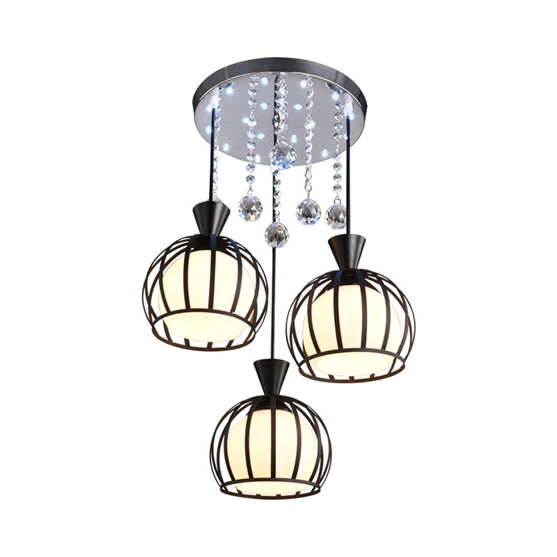 Retro Stylish Domed Cage Hanging Lamp 3 Lights Metal Pendant Lighting with Clear Crystal Ball Deco in Black/White Finish Clearhalo 'Ceiling Lights' 'Modern Pendants' 'Modern' 'Pendant Lights' 'Pendants' Lighting' 1417227