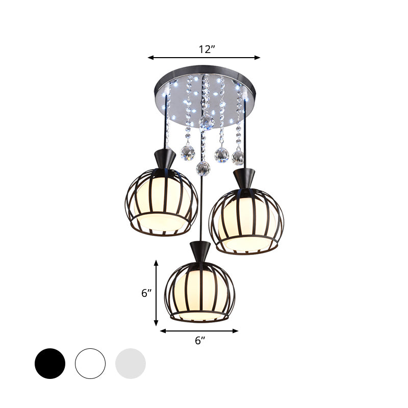 Retro Stylish Domed Cage Hanging Lamp 3 Lights Metal Pendant Lighting with Clear Crystal Ball Deco in Black/White Finish Clearhalo 'Ceiling Lights' 'Modern Pendants' 'Modern' 'Pendant Lights' 'Pendants' Lighting' 1417228