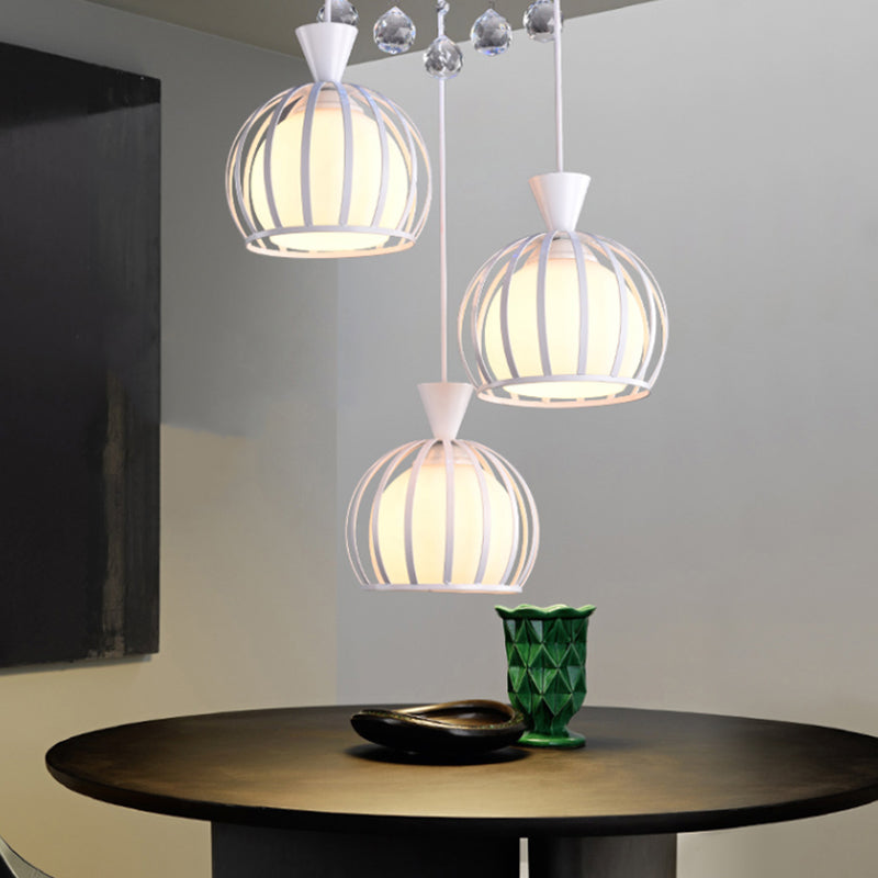 Retro Stylish Domed Cage Hanging Lamp 3 Lights Metal Pendant Lighting with Clear Crystal Ball Deco in Black/White Finish White Clearhalo 'Ceiling Lights' 'Modern Pendants' 'Modern' 'Pendant Lights' 'Pendants' Lighting' 1417229