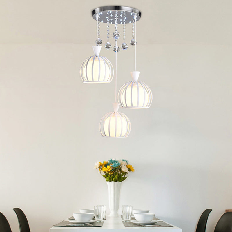 Retro Stylish Domed Cage Hanging Lamp 3 Lights Metal Pendant Lighting with Clear Crystal Ball Deco in Black/White Finish Clearhalo 'Ceiling Lights' 'Modern Pendants' 'Modern' 'Pendant Lights' 'Pendants' Lighting' 1417230