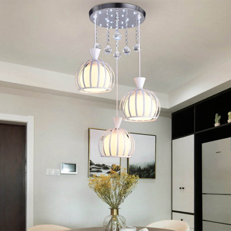 Retro Stylish Domed Cage Hanging Lamp 3 Lights Metal Pendant Lighting with Clear Crystal Ball Deco in Black/White Finish Clearhalo 'Ceiling Lights' 'Modern Pendants' 'Modern' 'Pendant Lights' 'Pendants' Lighting' 1417231