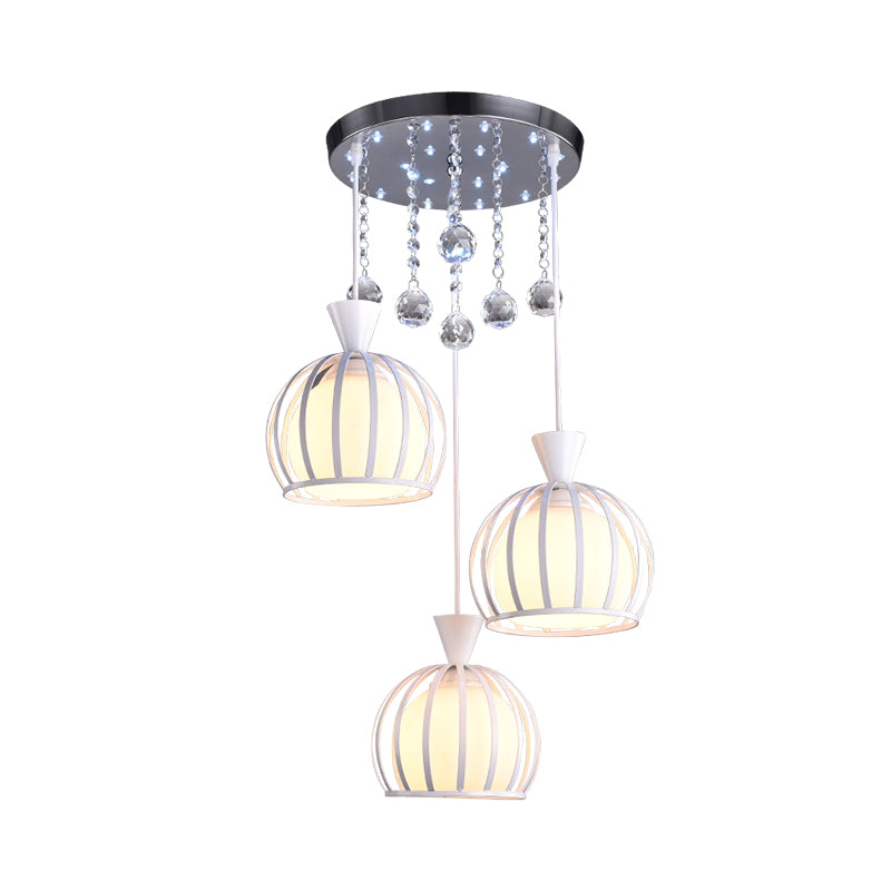 Retro Stylish Domed Cage Hanging Lamp 3 Lights Metal Pendant Lighting with Clear Crystal Ball Deco in Black/White Finish Clearhalo 'Ceiling Lights' 'Modern Pendants' 'Modern' 'Pendant Lights' 'Pendants' Lighting' 1417232