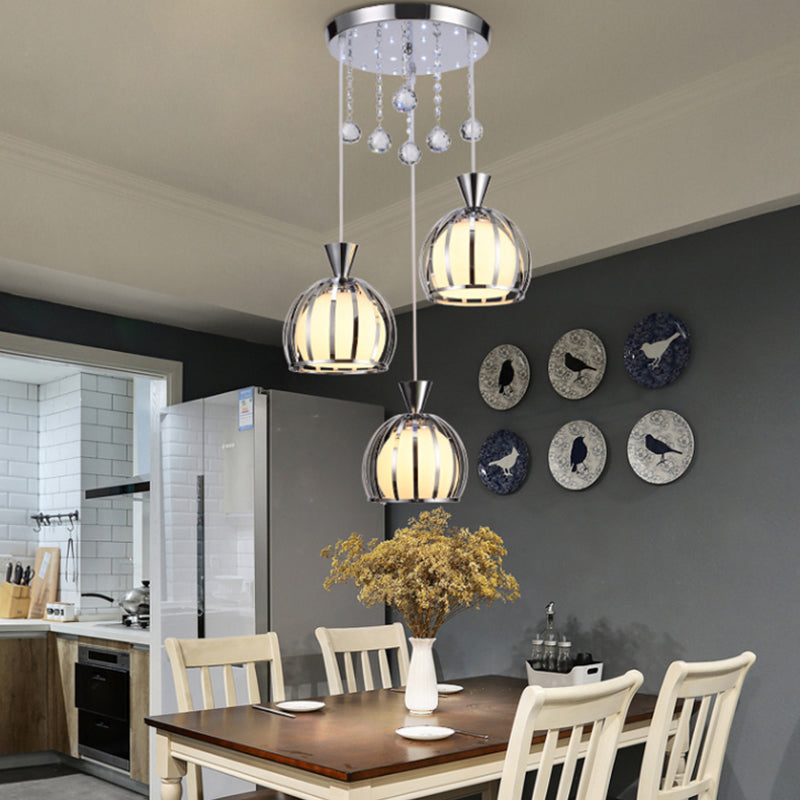 Retro Stylish Domed Cage Hanging Lamp 3 Lights Metal Pendant Lighting with Clear Crystal Ball Deco in Black/White Finish Nickel Clearhalo 'Ceiling Lights' 'Modern Pendants' 'Modern' 'Pendant Lights' 'Pendants' Lighting' 1417233