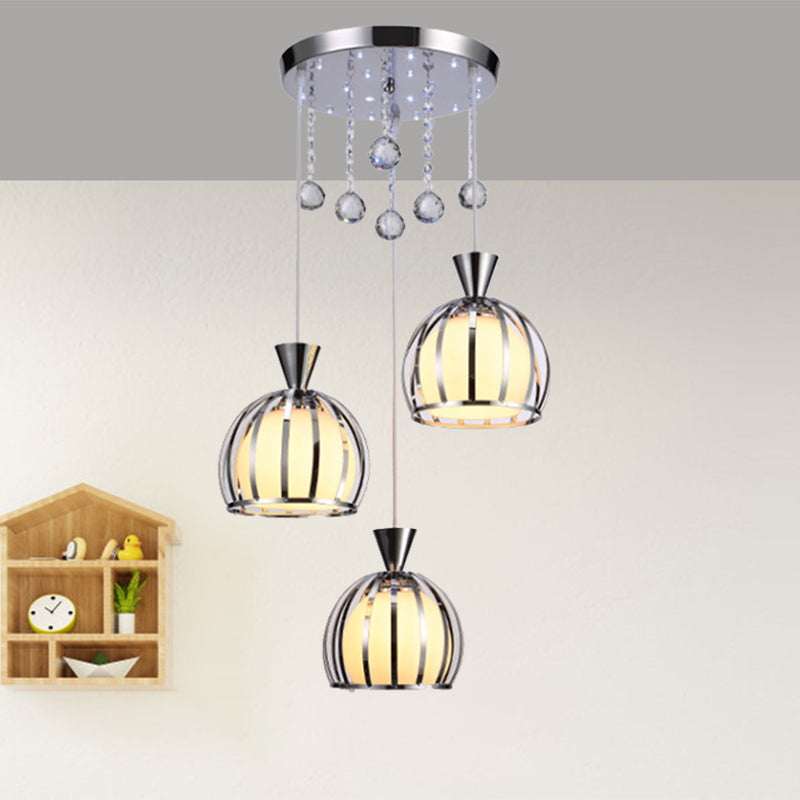 Retro Stylish Domed Cage Hanging Lamp 3 Lights Metal Pendant Lighting with Clear Crystal Ball Deco in Black/White Finish Clearhalo 'Ceiling Lights' 'Modern Pendants' 'Modern' 'Pendant Lights' 'Pendants' Lighting' 1417234