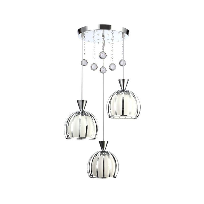 Retro Stylish Domed Cage Hanging Lamp 3 Lights Metal Pendant Lighting with Clear Crystal Ball Deco in Black/White Finish Clearhalo 'Ceiling Lights' 'Modern Pendants' 'Modern' 'Pendant Lights' 'Pendants' Lighting' 1417235