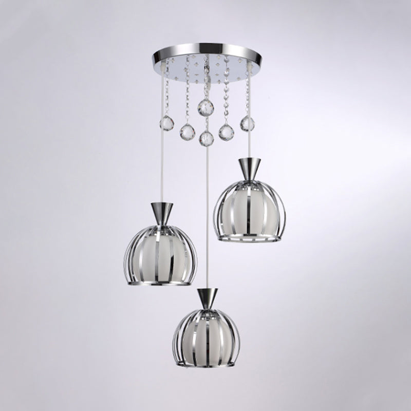 Retro Stylish Domed Cage Hanging Lamp 3 Lights Metal Pendant Lighting with Clear Crystal Ball Deco in Black/White Finish Clearhalo 'Ceiling Lights' 'Modern Pendants' 'Modern' 'Pendant Lights' 'Pendants' Lighting' 1417236