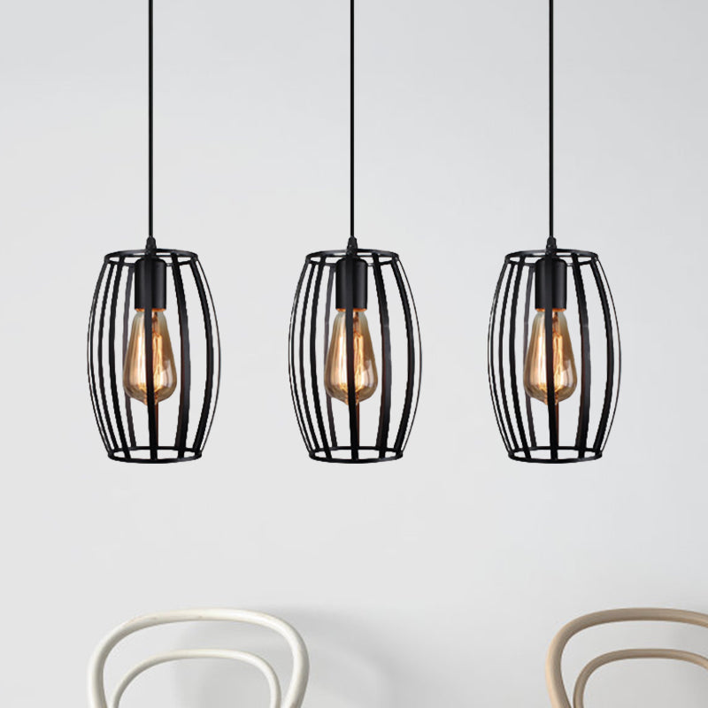 Black/White Oval Pendant Lighting Loft Stylish Metal 3 Lights Indoor Hanging Ceiling Light with Cage Shade and Linear Canopy Black Clearhalo 'Ceiling Lights' 'Modern Pendants' 'Modern' 'Pendant Lights' Lighting' 1417265