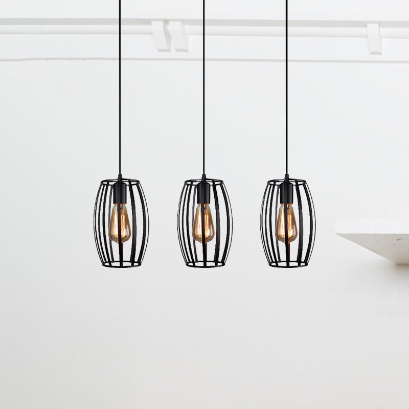 Black/White Oval Pendant Lighting Loft Stylish Metal 3 Lights Indoor Hanging Ceiling Light with Cage Shade and Linear Canopy Clearhalo 'Ceiling Lights' 'Modern Pendants' 'Modern' 'Pendant Lights' Lighting' 1417266