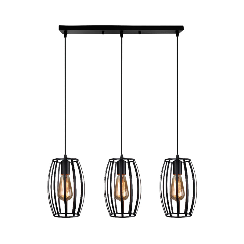 Black/White Oval Pendant Lighting Loft Stylish Metal 3 Lights Indoor Hanging Ceiling Light with Cage Shade and Linear Canopy Clearhalo 'Ceiling Lights' 'Modern Pendants' 'Modern' 'Pendant Lights' Lighting' 1417267