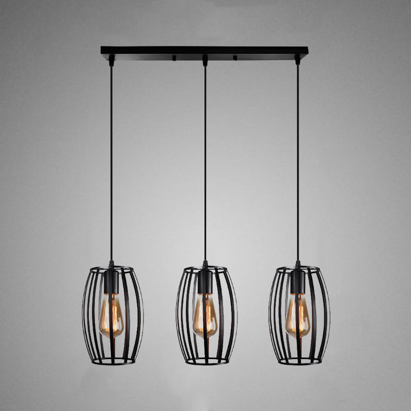 Black/White Oval Pendant Lighting Loft Stylish Metal 3 Lights Indoor Hanging Ceiling Light with Cage Shade and Linear Canopy Clearhalo 'Ceiling Lights' 'Modern Pendants' 'Modern' 'Pendant Lights' Lighting' 1417268