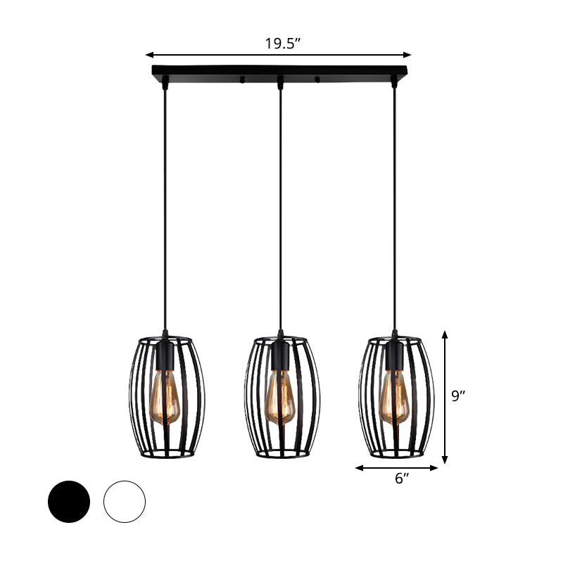 Black/White Oval Pendant Lighting Loft Stylish Metal 3 Lights Indoor Hanging Ceiling Light with Cage Shade and Linear Canopy Clearhalo 'Ceiling Lights' 'Modern Pendants' 'Modern' 'Pendant Lights' Lighting' 1417269