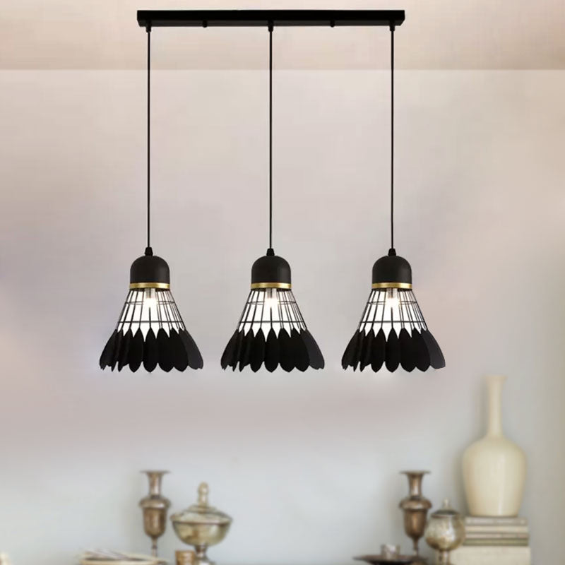 3 Lights Badminton Pendant Lighting Retro Stylish Black Finish Metal Hanging Light Fixture with Round/Linear Canopy Clearhalo 'Ceiling Lights' 'Pendant Lights' 'Pendants' Lighting' 1417274