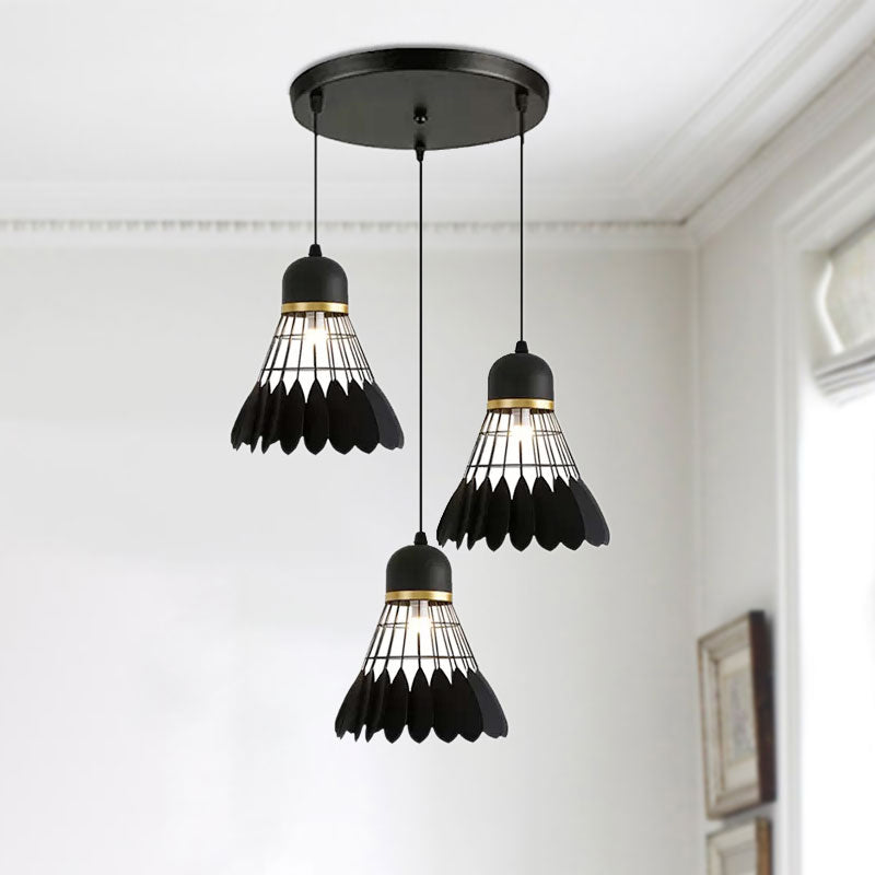 3 Lights Badminton Pendant Lighting Retro Stylish Black Finish Metal Hanging Light Fixture with Round/Linear Canopy Clearhalo 'Ceiling Lights' 'Pendant Lights' 'Pendants' Lighting' 1417275