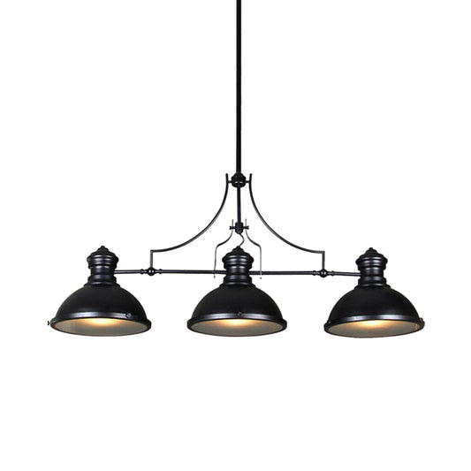 Metallic Black Hanging Fixture with Dome Shade and Glass Diffuser 3 Bulb Retro Island Lighting over Table Clearhalo 'Ceiling Lights' 'Island Lights' Lighting' 141728