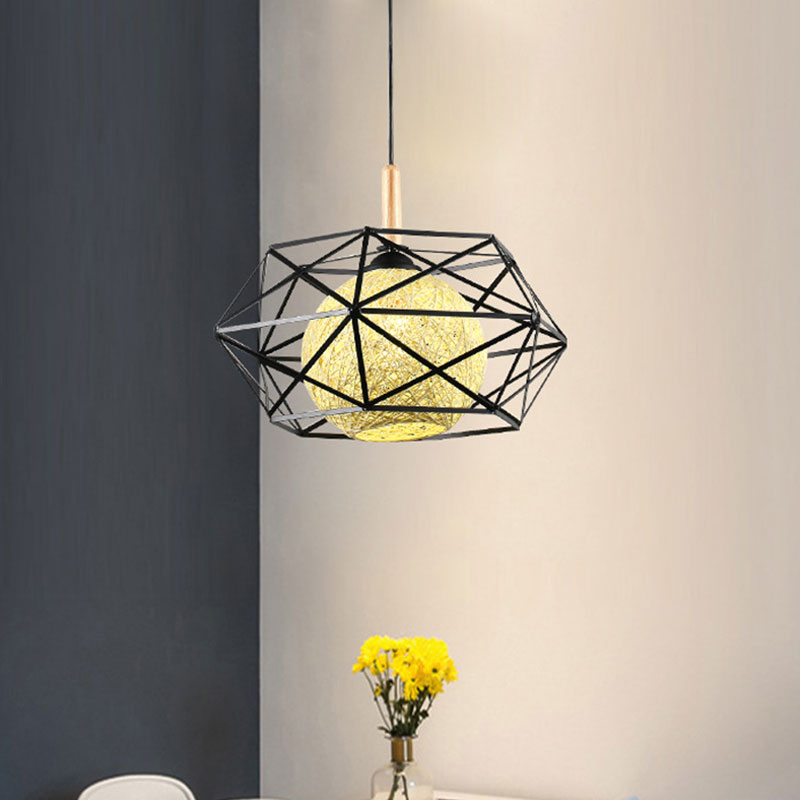 Faceted Cage Metal Pendant Light with Globe Rattan Shade Industrial 1 Light Foyer Dining Room in Black Black Clearhalo 'Ceiling Lights' 'Pendant Lights' 'Pendants' Lighting' 1417311_9aaaeac3-1338-4bbd-a41b-9b30a0b173ee