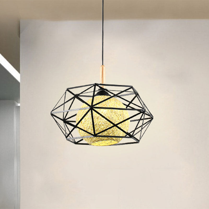 Faceted Cage Metal Pendant Light with Globe Rattan Shade Industrial 1 Light Foyer Dining Room in Black Clearhalo 'Ceiling Lights' 'Pendant Lights' 'Pendants' Lighting' 1417312