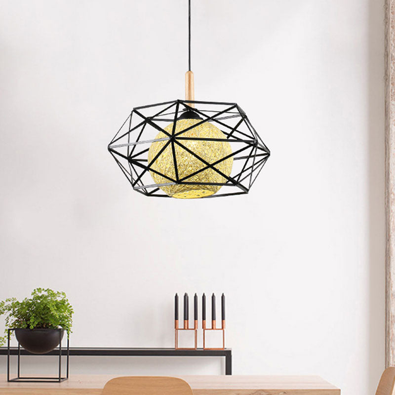 Faceted Cage Metal Pendant Light with Globe Rattan Shade Industrial 1 Light Foyer Dining Room in Black Clearhalo 'Ceiling Lights' 'Pendant Lights' 'Pendants' Lighting' 1417313