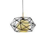 Faceted Cage Metal Pendant Light with Globe Rattan Shade Industrial 1 Light Foyer Dining Room in Black Clearhalo 'Ceiling Lights' 'Pendant Lights' 'Pendants' Lighting' 1417314